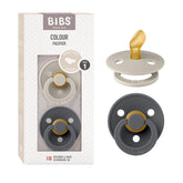 BIBS pacifiers Sand/Iron two-pack soothing newborns with Danish craftsmanship.