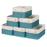Bidtakay fabric baskets front view in white-teal for tidy shelf organization.