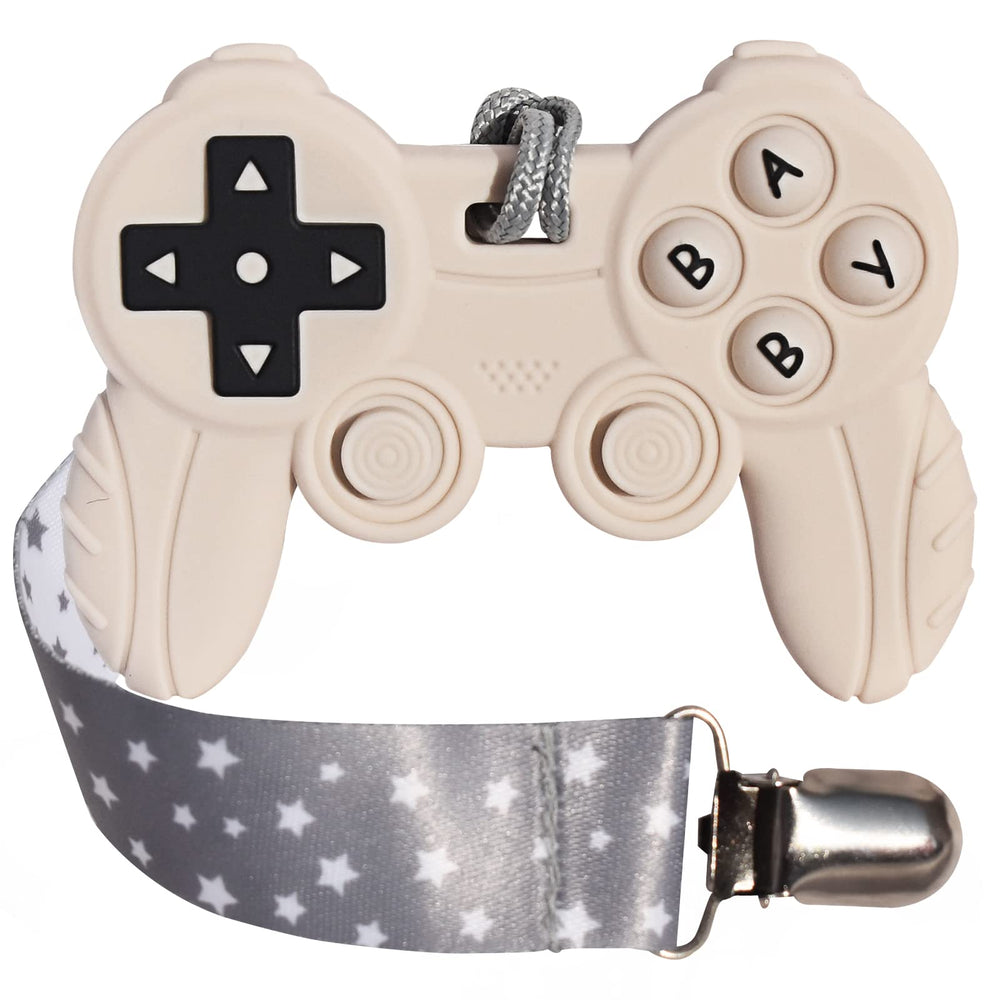 BIGSPINACH baby gaming controller teether white closeup, soothing gums while entertaining.