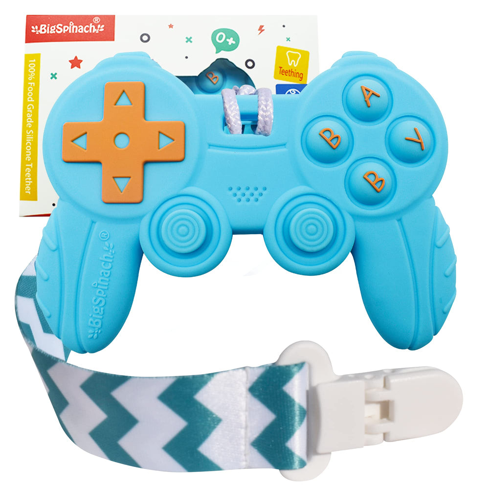 BIGSPINACH remote teether blue front view promotes safe chewing for babies