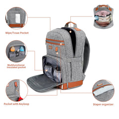 BILLITON MASHI diaper bag backpack grey side view, sturdy straps for travel.