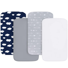 Biloban bassinet sheets 4-pack folded for quick bedtime sheet changes.