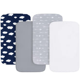 Biloban baby bassinet sheets 4-pack in grey print for snug fit and soft touch.