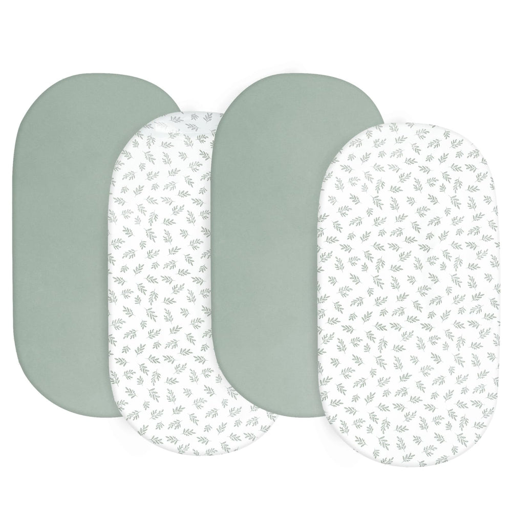 Biloban baby bassinet sheets with fully encased elastic edge for secure fit.