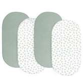 Biloban baby bassinet sheets in green four-pack offer cozy sleep and easy replacement.