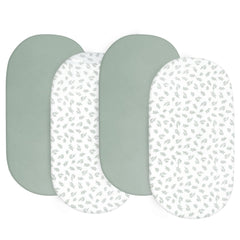 Biloban baby bassinet sheets in green four-pack offer cozy sleep and easy replacement.