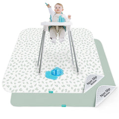 Biloban baby splat mat under high chair showing broad spill protection