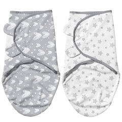 Biloban swaddle for 0-3 months with grey hearts and stars design.