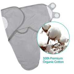 Biloban swaddle blanket grey navy wrapped around a newborn for secure sleep