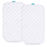 Biloban bassinet pad cover with waterproof surface protects against spills and keeps baby dry.