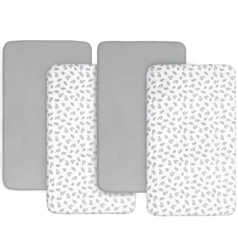 Biloban bassinet sheet gray leaf closeup for soft, breathable comfort.