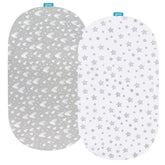 Biloban bassinet sheets 2-pack with snug elastic edge for secure fit.