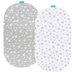 Biloban bassinet sheets 2-pack with snug elastic edge for secure fit.