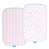 Biloban bassinet sheet pink print close-up shows ultra-soft jersey cotton for baby comfort.