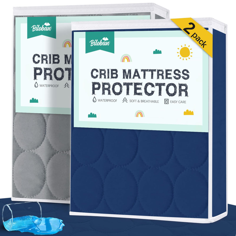 Biloban crib mattress protector 2-pack provides waterproof coverage for baby sleep.
