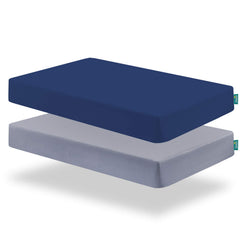 Biloban crib sheets in gray and navy offer a snug, comfortable fit for standard cribs.