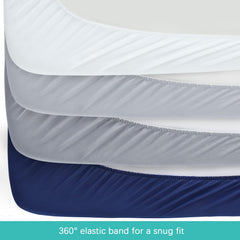 Elastic band close-up demonstrates secure, snug fit on standard crib mattresses.