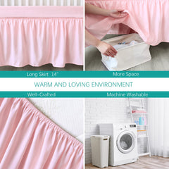 Biloban crib skirt easy-attach design with elastic wrap for quick setup.