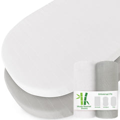 Biloban muslin bassinet sheets in grey and white, two-pack with snug fit.
