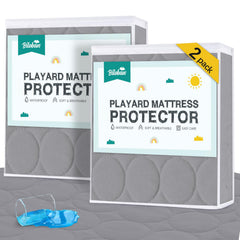 Biloban pack and play mattress protector cover top view showing secure fit