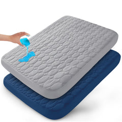 Biloban pack-and-play sheets with a quilted gray top for gentle baby comfort.