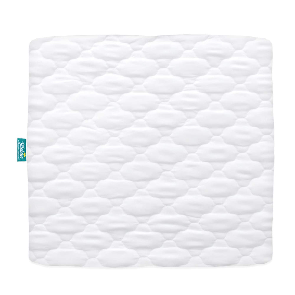 Biloban playard mattress cover with square-fit design for a snug, comfortable sleep surface.