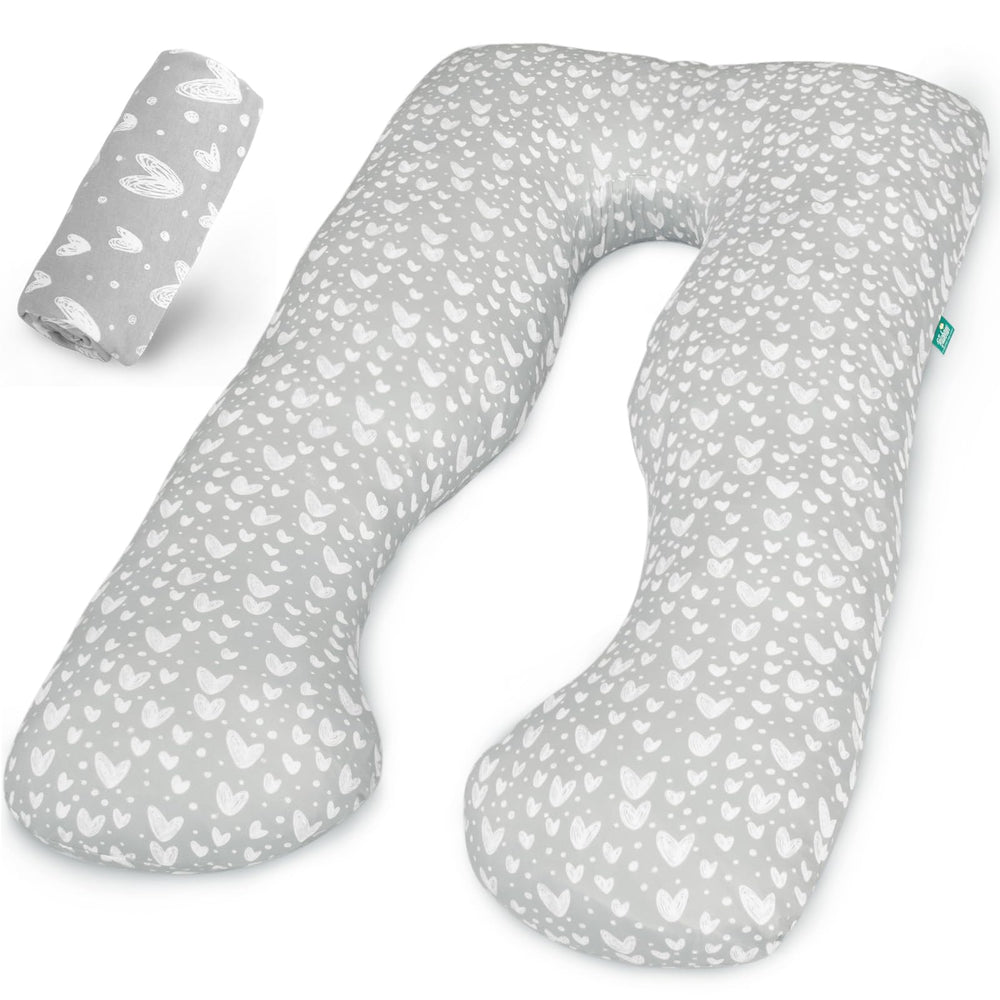 Biloban U-shaped pregnancy pillow cover in grey hearts print fits most maternity pillows for comfort.
