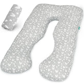 Biloban U-shaped pregnancy pillow cover in grey hearts print fits most maternity pillows for comfort.