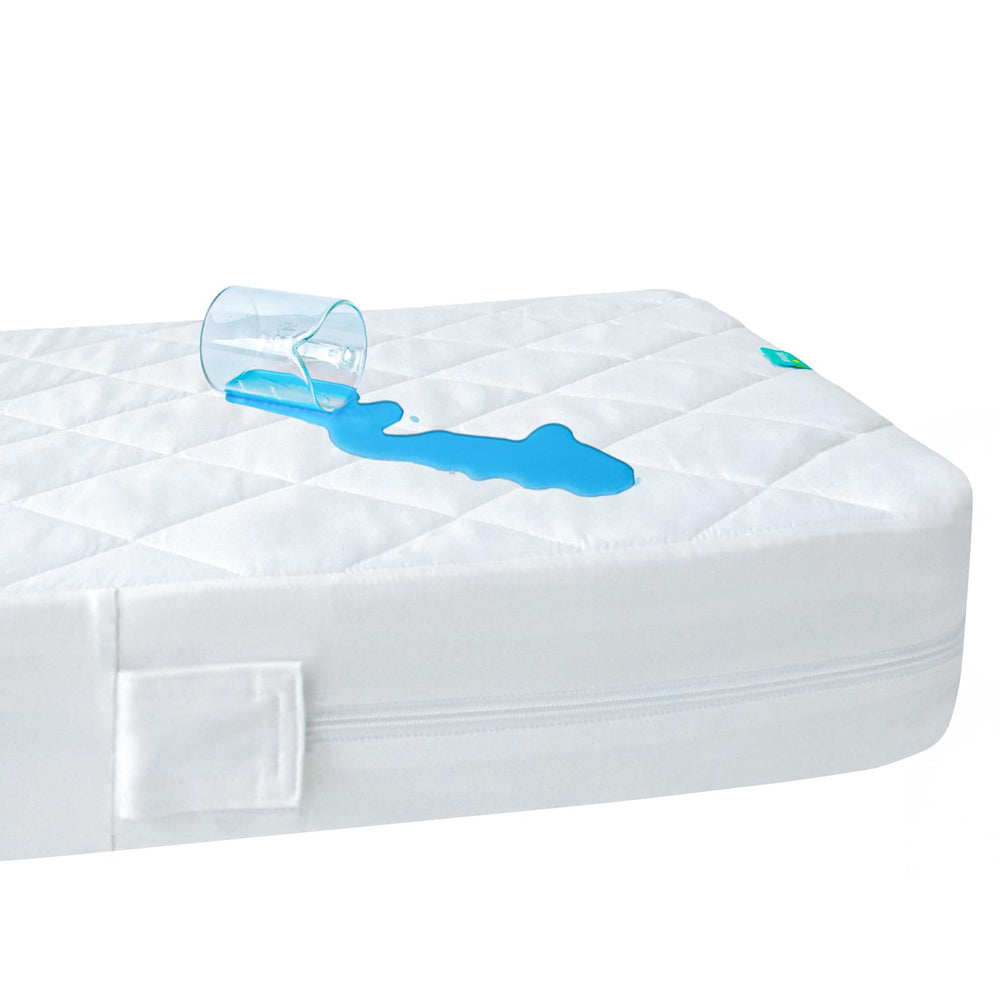 Biloban zipper crib mattress protector with waterproof top shows full-surface leak protection.