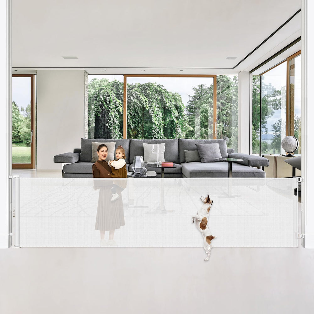 Bingguz 42in tall retractable gate closed for safety and easy access.