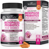 BioSchwartz menopause probiotics bottle pour shows easy daily serving for balance.