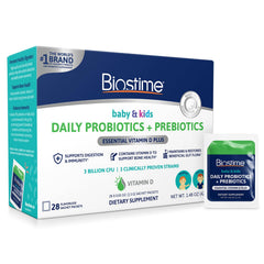 Biostime infant probiotic powder front packaging with 28 packets for daily use