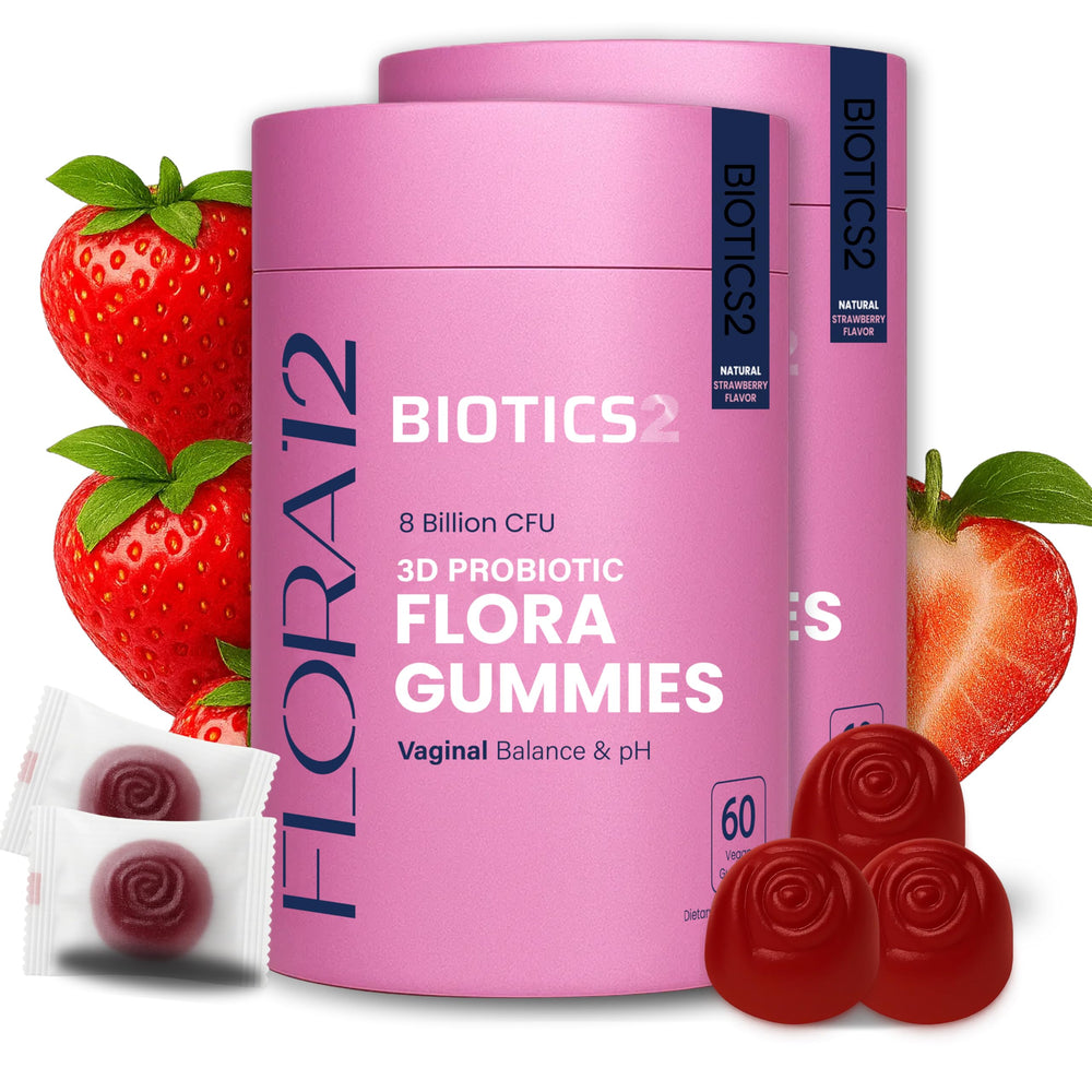 Biotics2 Flora12 bottle front showing vegan probiotics for daily balance