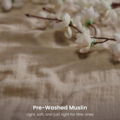 Close-up of BIOWEAVES organic muslin cotton texture showing airy, gentle fabric.