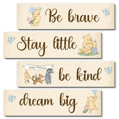 BirtDerr Winnie 4pc wall decor set brightens nursery walls with playful Pooh signs.
