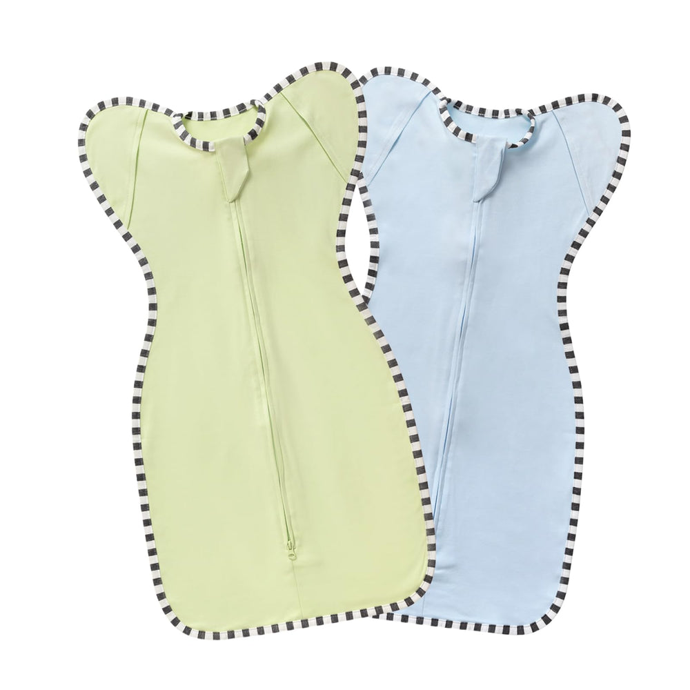 Blackleaf Baby swaddle in green and light blue front view, snug and secure.
