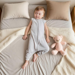 Blackleaf Baby sleep sack with crotch snaps and two-way zipper in grey for easy diaper changes.