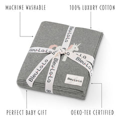 Bleu La La all-season 36x32 baby blanket suitable for swaddling and stroller use.