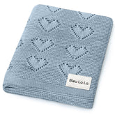 Bleu La La Heirloom Heart Knit blanket in sky blue, ultra-soft cotton for delicate baby skin.