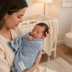 Gift-ready Bleu La La Heirloom Heart Knit blanket with monogram ribbon packaging.