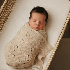 Bleu La La Heirloom Knit Heart Blanket texture closeup shows breathable cotton for year-round comfort