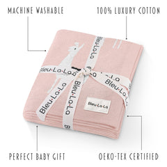 Bleu La La llama pink knit blanket fabric closeup highlighting soft cotton texture.