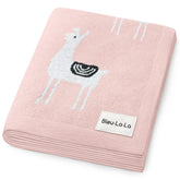 Bleu La La llama pink knit blanket front view for cozy swaddling and comfort.