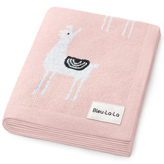 Bleu La La llama pink knit blanket front view for cozy swaddling and comfort.