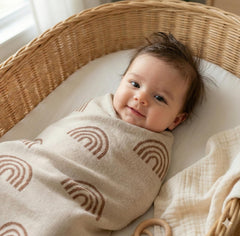 Bleu La La rainbow taupe blanket swaddled for snug newborn warmth