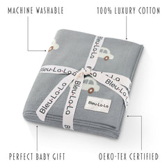 Bleu La La swaddle in nursery demonstrates versatile cozy use for newborns