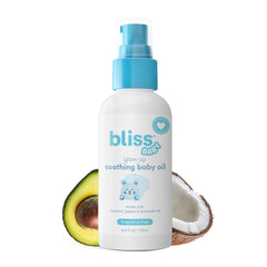 Bliss Baby Oil bottle highlighting organic avocado oil for gentle skin care