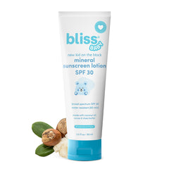 Bliss Baby Sunscreen bottle front showing mineral SPF 30 protection for babies and kids.