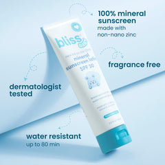 Bliss Baby Sunscreen label closeup highlighting fragrance-free vegan formula.
