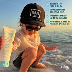 Travel-ready Bliss SPF 50 sunscreen packaging for on-the-go families.